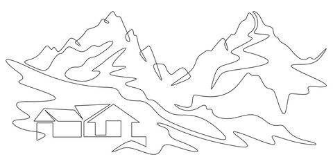 Continuous one line drawing small house on a hill. Modern house against the backdrop of mountains. Mountain landscape. Panorama.One continuous line isolated minimal illustration.Not AI.