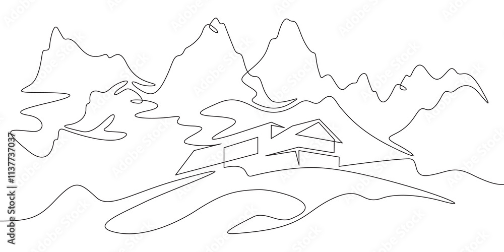 Poster continuous one line drawing small house on a hill. modern house against the backdrop of mountains. m