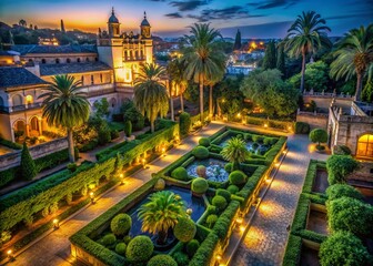 Naklejka premium Night Alcazar Gardens: Magical Moonlight Illumination, Seville Spain Photography