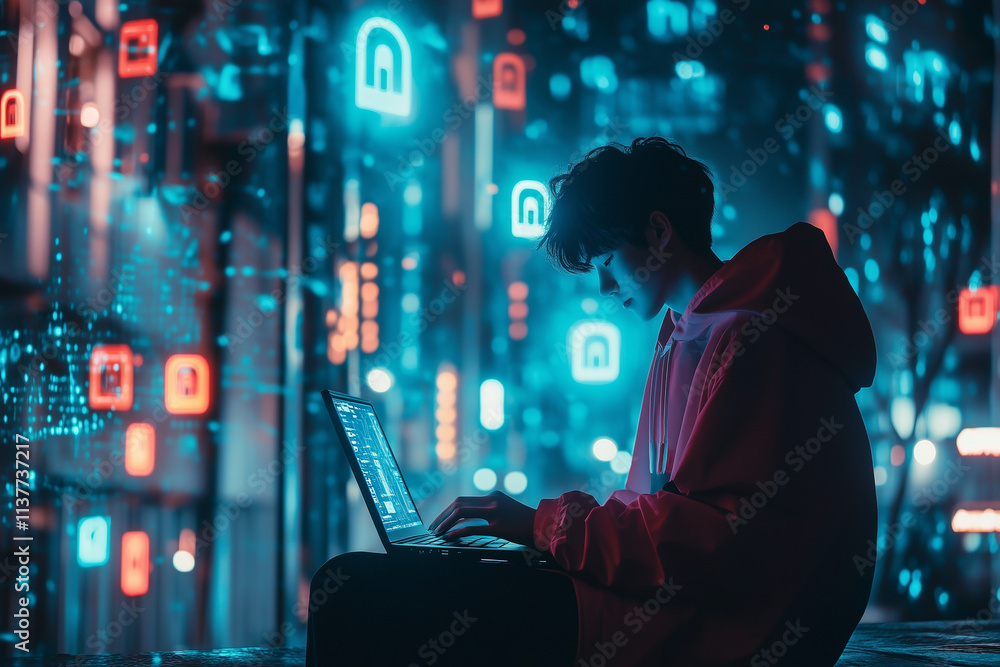Poster **a hacker with a laptop in a dimly lit room, with glowing locks and warning symbols projected aroun