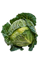 Fototapeta premium Fresh green cabbage vegetable with large outer leaves is perfectly isolated on a transparent background for healthy eating promotions.