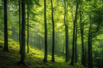 Fototapeta premium Mystical forest with tall trees in foggy weather. AI generated illustration