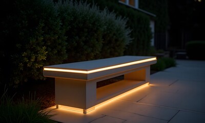 Garden design features a sleek, illuminated bench surrounded by lush greenery, creating a serene atmosphere perfect for relaxation and evening gatherings.