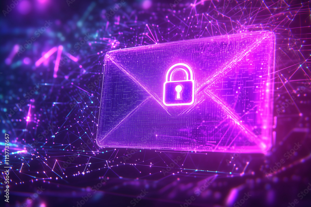 Poster a 3d holographic icon of an encrypted email, featuring a glowing envelope with a padlock symbol over