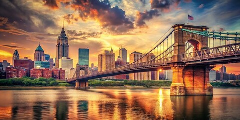 Obraz premium Vintage Cincinnati Bridge Photography: Iconic River Views, Ohio River Bridges, Historic Architecture, Retro Style