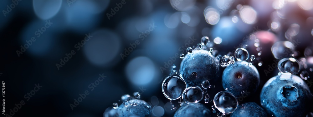 Poster blueberries surrounded by bubbles reflecting light in a dark setting create an intriguing visual dis