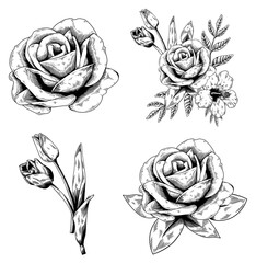 Black and white flower sticker with a white border design element set