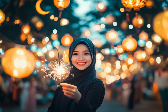 A cheerful hijab girl holding sparklers, surrounded by glowing Eid decorations like lanterns and crescent moons, with copy space. Warm festive lighting. Vibrant outdoor night background. 