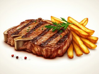 A delicious steak served with golden fries, garnished with herbs.