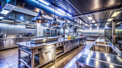Fototapeta premium Night Cleaning Commercial Kitchen - Sparkling Clean Restaurant After Hours Photography
