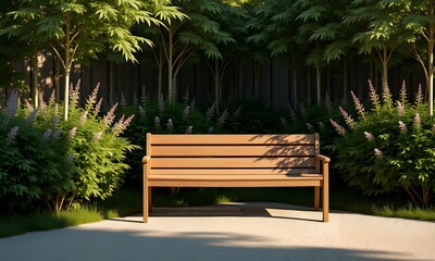 Garden design features a serene wooden bench nestled among lush greenery and soft lavender blooms, creating an inviting space for relaxation and reflection.