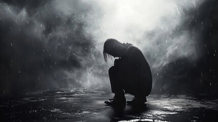 Obraz premium A silhouette of a person crouching in a foggy, rain-soaked environment.