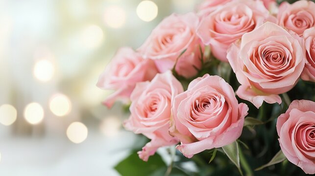   A bouquet of pink roses in front of a book of light-colored books of lights