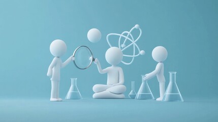 Three figures explore science with glass, atoms, and beakers.