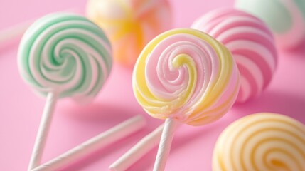 Pastel Swirled Lollipops On Pink Background