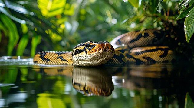 Reticulated python partially submerged in a jungle stream, picture