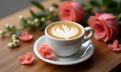 Fototapeta premium Melange coffee exudes warmth and elegance, elegantly topped with a creamy foam art. Surrounded by soft pink blossoms, it invites an intimate moment of delight.