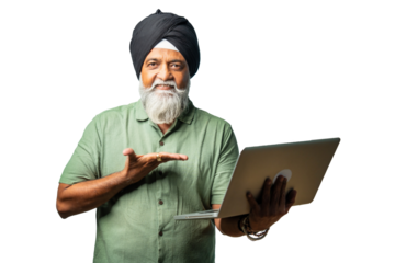 Indian Confident senior Indian Sikh man standing with laptop, casual wear, pointing, thoughtful pose