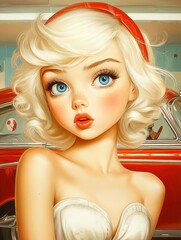 Closeup of a girl posing in front of the red car