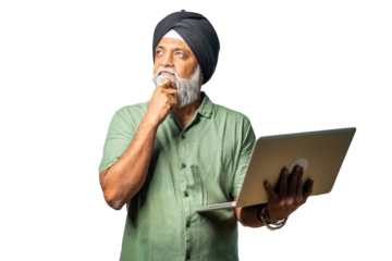 Indian Confident senior Indian Sikh man standing with laptop, casual wear, pointing, thoughtful pose