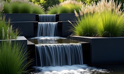 Garden design features a serene, modern water feature surrounded by lush grasses, evoking tranquility and harmony. The gentle flow enhances the peaceful atmosphere.