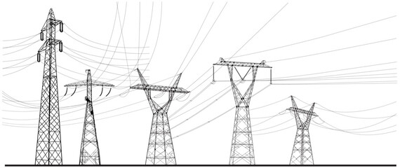 Set of black high voltage transmission systems. Electric pole, power lines, energy pylons collection. Silhouette vector set. A network of interconnected electrical. Vector design illustration.
