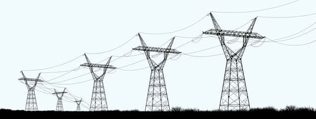 High electric tower. High-voltage poles with wires go away into the horizon. Electric poles. Production of sustainable energy concept. Graphic vector isolated on white background.
