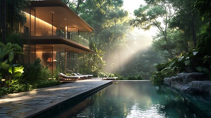 Fototapeta premium Contemporary rainforest villa featuring open-plan spaces, natural stone paths winding through lush greenery, infinity pool reflecting the jungle, misty air and sunlight breaking through the trees,