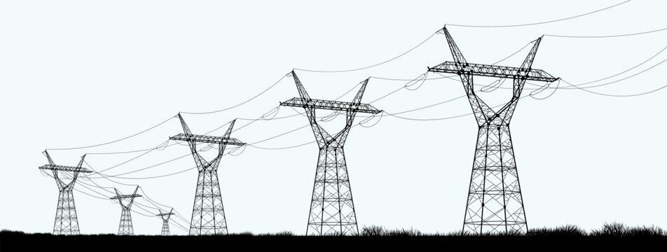 High electric tower. High-voltage poles with wires go away into the horizon. Electric poles. Production of sustainable energy concept. Graphic vector isolated on white background.