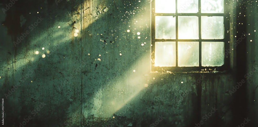 Poster sunlight streaming through a dusty window in an abandoned building.