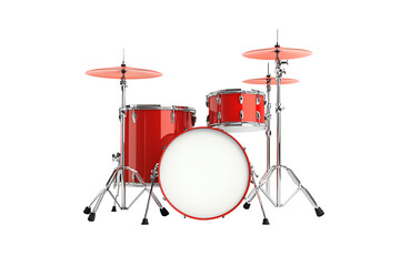 A vibrant red drum set featuring a bass drum, snare drum, and cymbals, perfect for showcasing rhythm and music.