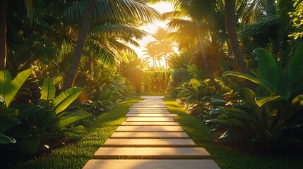 Obraz premium Contemporary tropical villa featuring clean geometric lines, framed by tall palm trees and vibrant ferns, natural stone pathways leading through lush greenery, golden hour light casting warm shadows,
