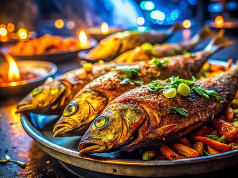 Night Photography: Indian Fish Fry - Delicious Street Food, Spicy Seafood Dinner, Golden Hour Fried Fish