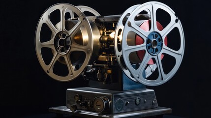Fototapeta premium Retro film projector with reels against black backdrop.