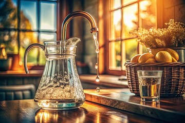 Vintage Kitchen Faucet Water Pitcher Filling Still Life Photography - Retro Hydration