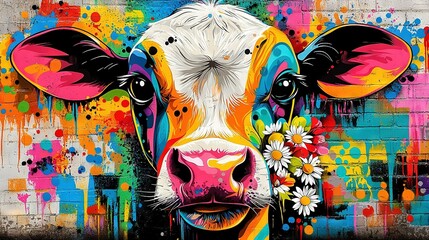   A vividly hued portrait of a cow, adorned with vibrant brushstrokes on its visage and a floral bouquet gracing its snout (3