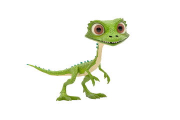 Fototapeta premium A whimsical green dinosaur character with large eyes, standing playfully on two legs.