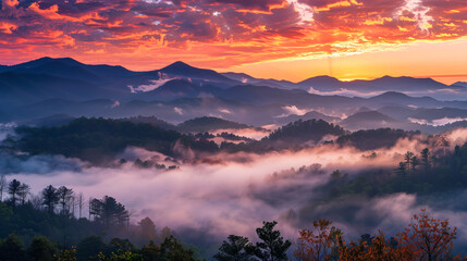 Obraz premium Sunrise or sunset over a beautiful mountain valley with trees in fog, showcasing early spring or autumn colors. Perfect for screensavers or interior design.