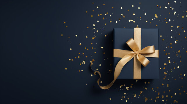 christmas gift box, Top view of a blue gift box with a beige ribbon and golden confetti on a dark navy backgrounds.