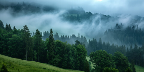 Sunrise or sunset over a beautiful mountain valley with trees in fog, showcasing early spring or autumn colors. Perfect for screensavers or interior design.