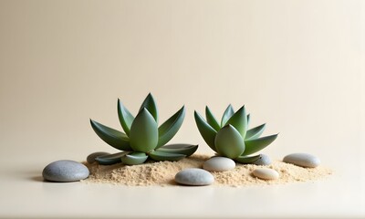 Garden design inspires tranquility with succulents arranged thoughtfully on soft sand, highlighting serene greens and smooth stones that evoke calmness.