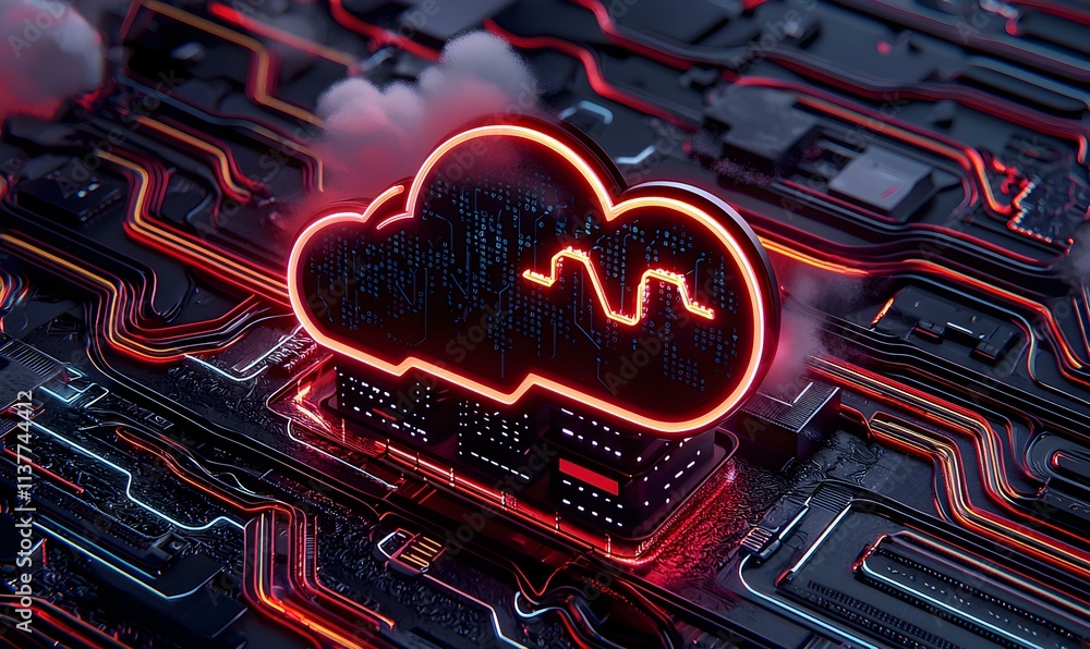 Poster isometric cloud storage concept for downloading data with neon lights and circuit patterns