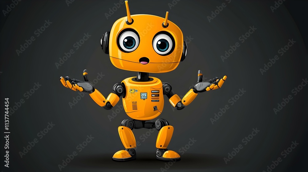 Poster cute confused chatbot character with large eyes and expressive arms in flat vector design style