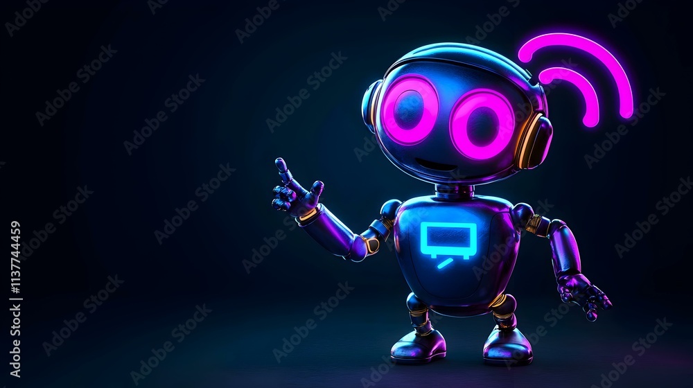 Poster confused chatbot character in vibrant neon colors with glowing features and cheerful gesture