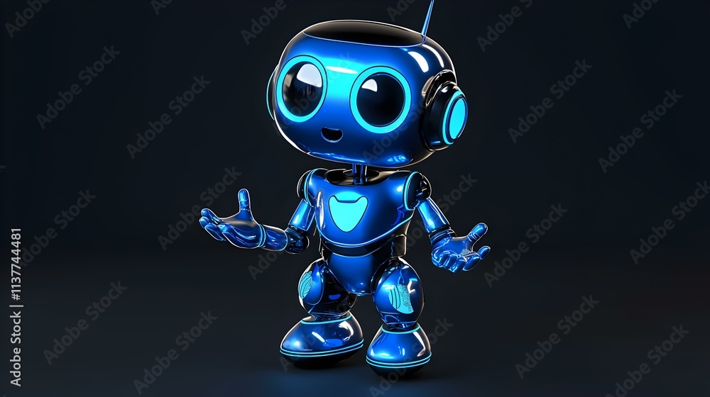 Poster confused blue chatbot character with friendly expression in flat vector style illustration