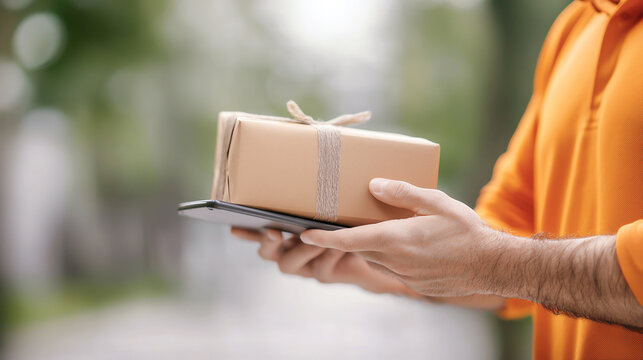 Delivery driver holding package and scanning with handheld device