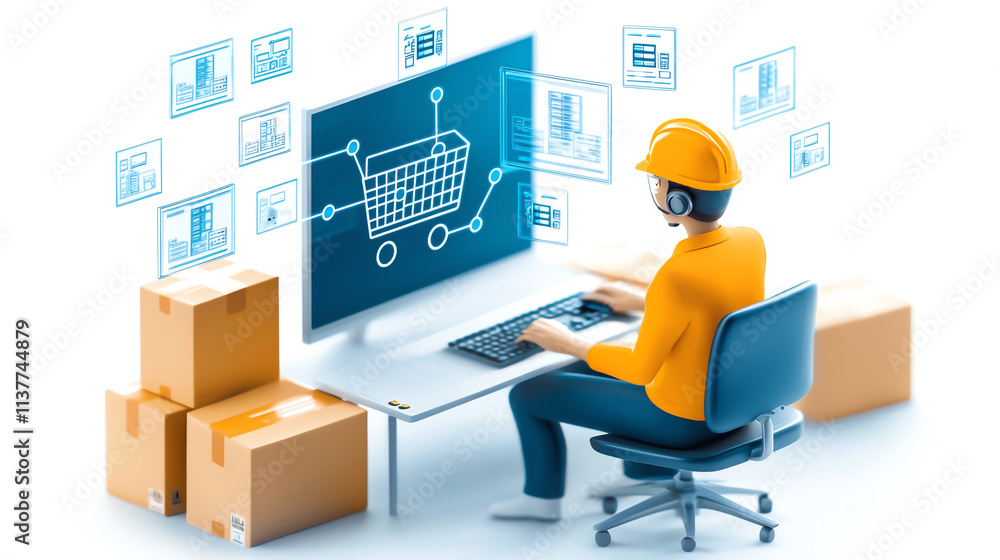 Poster support agent managing delivery issues with digital tools and packages