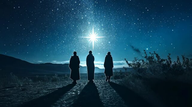 Three wise men in silhouette, traveling across a desert picture