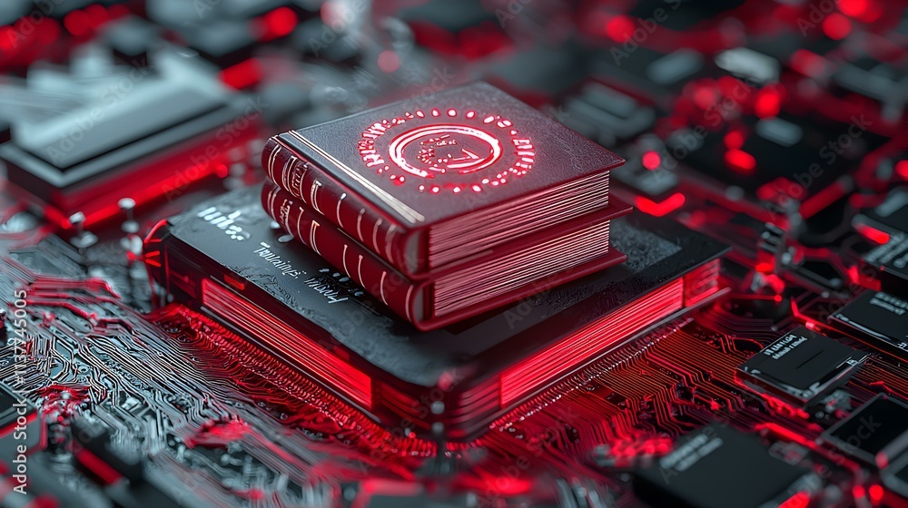 Poster digital library inside a computer with books on circuit board in red light