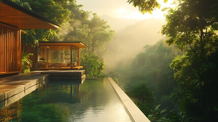 Elevated eco-villa with open-plan spaces overlooking dense rainforest canopies, infinity pool blending seamlessly into the greenery, soft golden sunlight, natural materials like bamboo and stone,